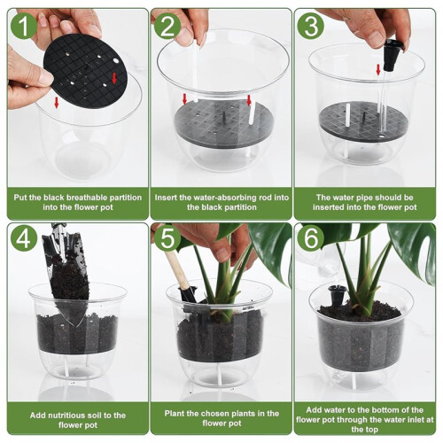 Conjunto de 3 Vasos de Plantas de 6/5/4 Polegadas, Vasos Autoirrigáveis com Reservatório e Corda de Algodão Absorvente. 1