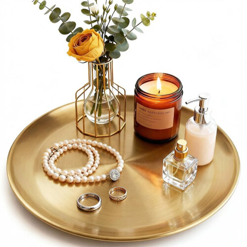 Decorative Gold Round Tray for Coffee Table, Vanity, and Home Décor Organization 1