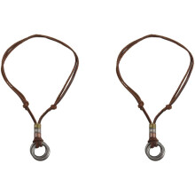 2X Fashion Men Retro Leather Cord Necklace Double Circle Ring Pendant Jewelry Gift
