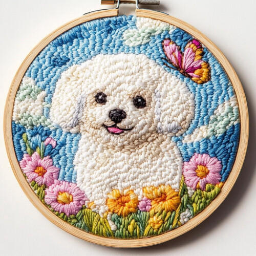 Kit per punch needle Bichon Frise e Butterfly 20x20cm