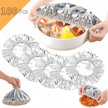 100Pcs Heavy-Duty Aluminum Foil Food Covers, Reusable & Stretchable, Heat-Resistant, Fits Plates/Bowls/Containers