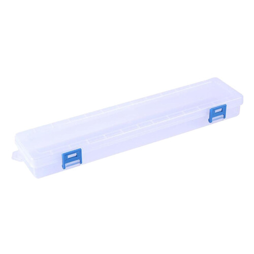 Caja rectangular transparente para guardar pinceles con tapa abatible.