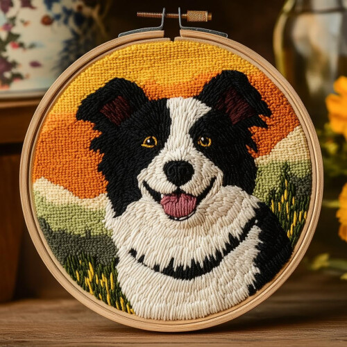 Punch Needle Kit Border Collie Sunset 20x20cm