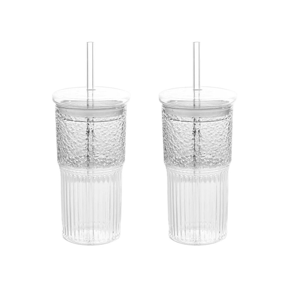 2X 600Ml Glass Cup Milk Coffee Cup With Lid And Straw Transparent Stripe Water Cup Mug Drinking Glasses Juice Tea Cup Wella Elements