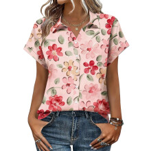 Women's V-neck short-sleeved shirt, casual positional-Red XL
