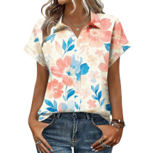 Women's V-neck short-sleeved shirt, casual positional-Blue S