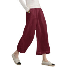 Womens Cotton Cropped Pants Loose Fit Wide Leg -Burgundy L