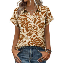 Women's V-neck short-sleeved shirt, casual positional-Brown S