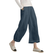 Womens Cotton Cropped Pants Loose Fit Wide Leg Casual -Blue S