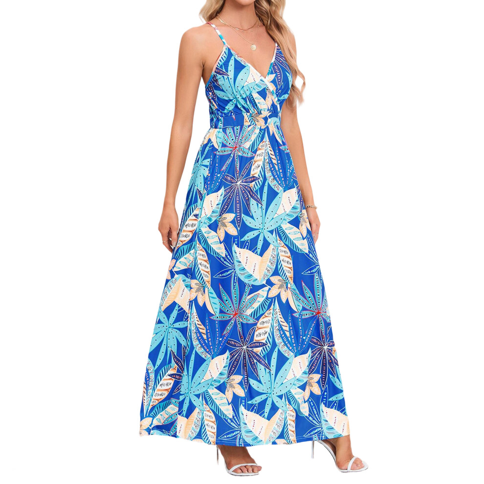 Blue Women's Long Dress, Bohemian Floral Print V-Neck Long- Xl