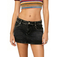 (L, Black) Women's Mini Denim Skirt Rivet Studded Slim Fit Low Rise Jean Skirt Distressed Punk Style Short Skirt