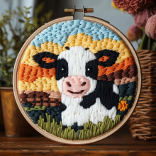 Nålstanskit med tecknad ko och solnedgångsdesign, 20x20 cm