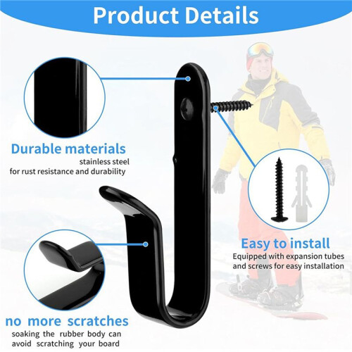 4 Pcs Horizontal Snowboard Wall Racks, Wall Mount Clips Storage Hanger Display Rack SKi Board Storage 1