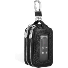 Estuche para llaves de coche de doble compartimento, color negro, con cremallera. Bolsa pequeña para llaves, ideal para uso automotriz.