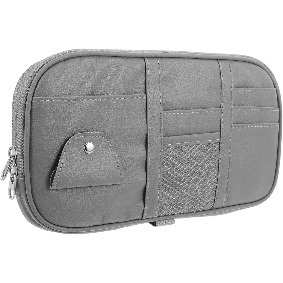 Car Sun Visor Organizer Multi Pocket Storage Bag Sunglass Holder Clip Pu Driving License Card Holder Grey 5455468448775