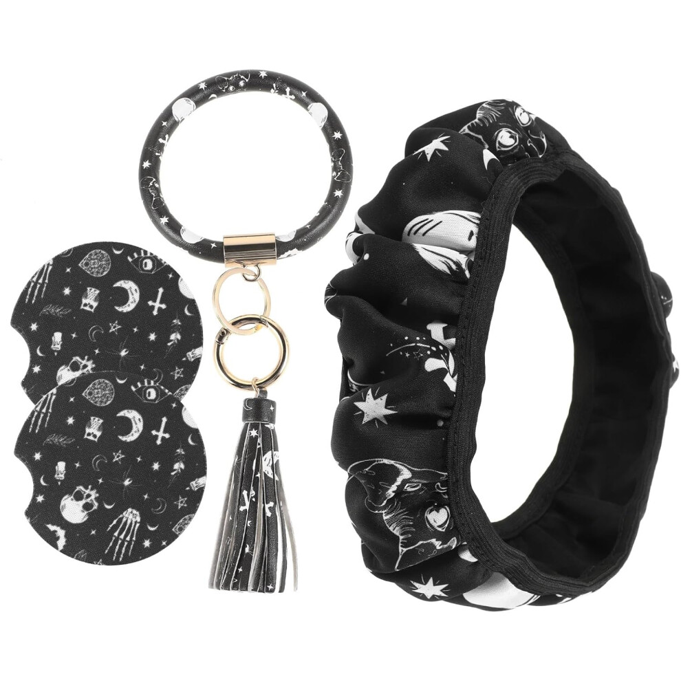 Car Steering Wheel Cover Set 4Pcs Anti-Slip Grip With Skull Bracelet And Cup Coaster 5455468549939
