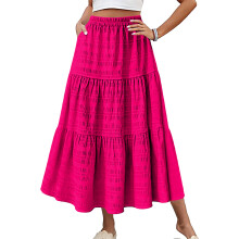 Women's Casual Elegant Smock Layered Tiered Maxi Skirt-Red S