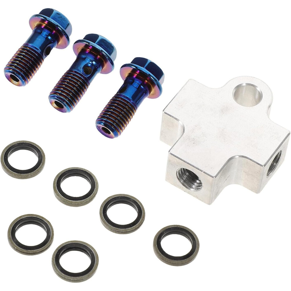 Motorcycle Hydraulic Brake Hose Connector 3-Way Tee Adapter With Titanium Screws Brake Line Fitting Bracket Replacement Silver 5455468459450