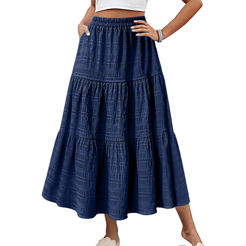 Women's Casual Elegant Smock Layered Tiered Maxi-Navy S Blue