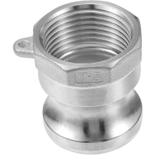 Raccordi rapidi in acciaio inox a camme e scanalature per tubi flessibili, ideali per uso in giardino.