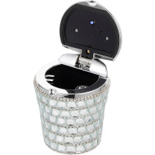 Portable LED luz plástico carro cinzeiro com strass decoração, prata diamante auto cinzeiro