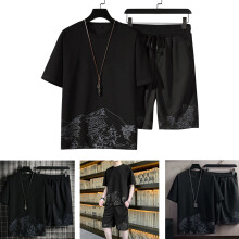 Herren 2-teiliges Baumwoll-T-Shirt- und Shorts-Set Schwarz XL