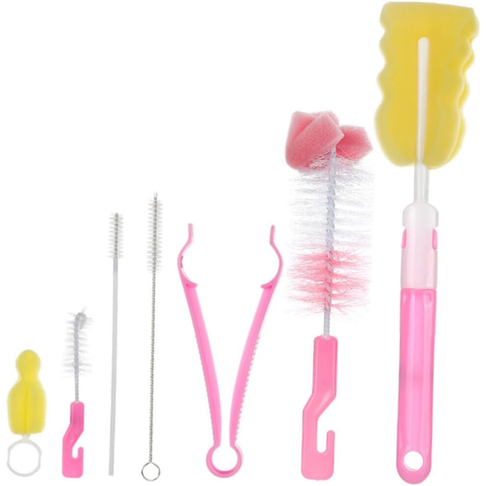 Hkhbjs Milk Bottle Cleaning Brush Set With Infant Cleaner For Babies, Nylon And Sponge Material, Pink, 7Pcs Kit