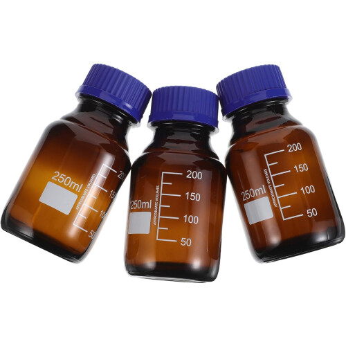 Lot de 3 flacons de réactifs en verre brun de 250 ml avec graduations