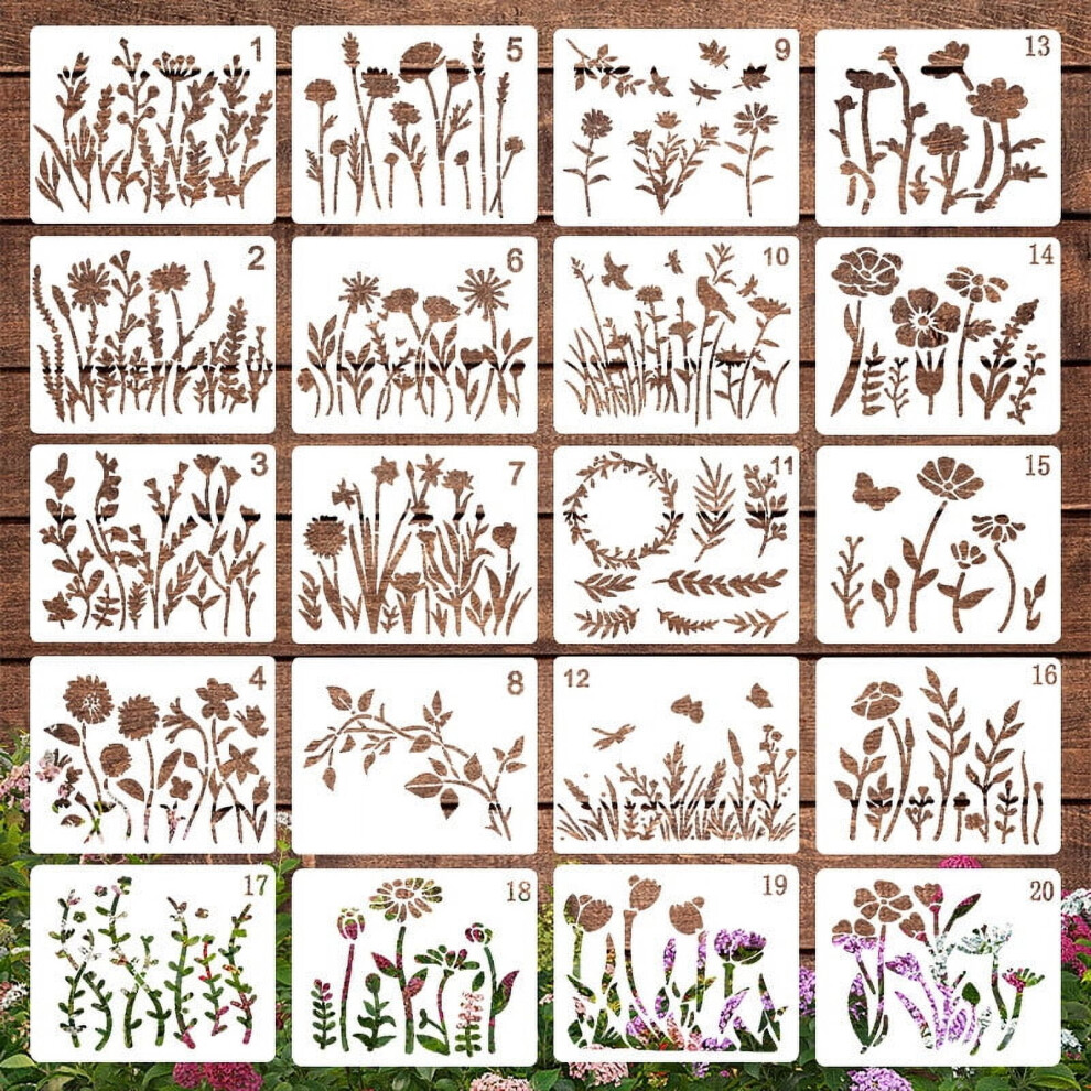 20-Piece Reusable Floral Stencils For Wood Walls Canvas 9499224388017