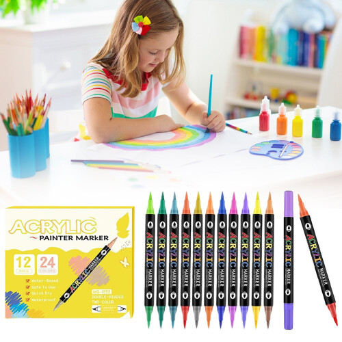 Acrylfarbmarker mit Doppelspitze, 12 Stück, wasserbasiert