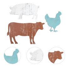 Houten wanddecoratie met kip in boerderijstijl, koeienbord, houten dierenbordjes