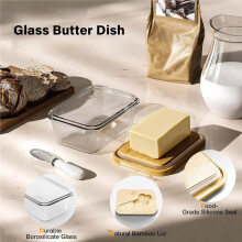Glass Butter Dish with Bamboo Lid and Knife, Airtight Seal for Freshness, Ideal for Countertop and Refrigerator Storage