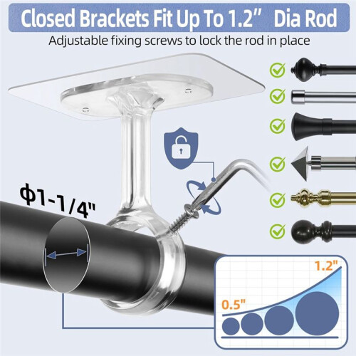 6 Pack No Drill Ceiling Mount Rod Brackets, Heavy Duty Self Adhesive Holders, Adjustable Hooks Hanging Transparent 2