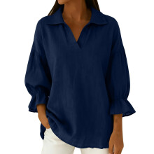 Women's Linen Shirts Ruffle 3/4 Sleeve Cotton Tunic-Navy Blue S