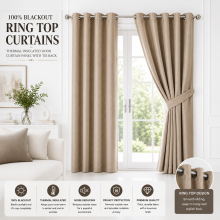 (Cream, 66" x 84"-Door Curtain) Insulated Heavy Thermal Blackout Curtains Pair Eyelet Ring Top Ready Made Window Panel Free Tieback