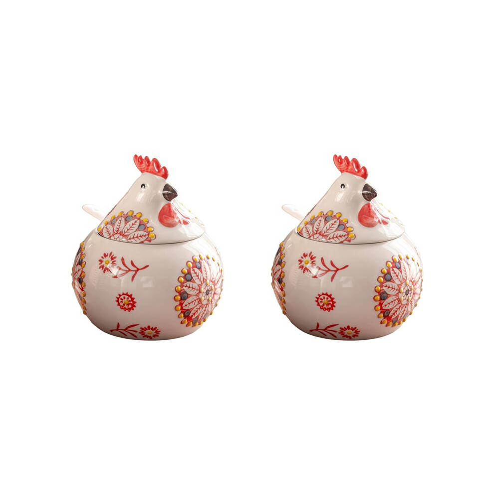 2X Ceramic Salt Cellar With Lid And Spoon, 13 Oz Large Chicken Salt Jar, Salt Holder For Counter, Coffee And Candies Red 6034163715857