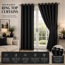 (90" width x 90" drop., Black) Thermal Insulated Blackout Curtains Ringtop Eyelet Curtain Pair with Tiebacks