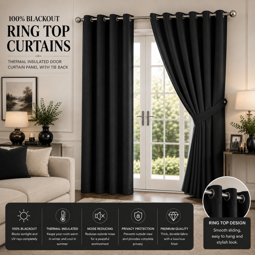 Yorkshire Bedding (66" Width X 84" Drop (Door Curtain) ) Thermal Insulated Out Curtains Ringtop Eyelet Curtain Pair With Tiebacks Black