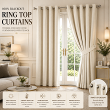 (Cream, 66" x 72") Insulated Heavy Thermal Blackout Curtains Pair Eyelet Ring Top Ready Made Window Panel Free Tieback