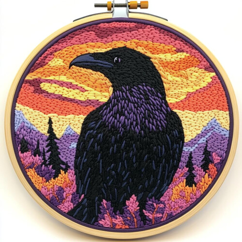 Punch Needle Set Black Raven Sunset 20x20cm