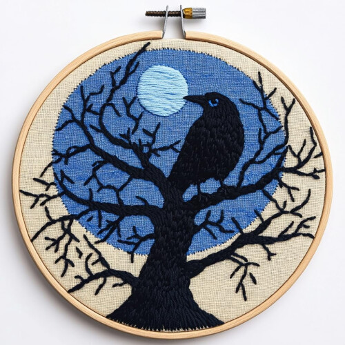 Black Crow on Tree -kuuneulasarja – 20x20cm