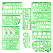 Juego de 11 plantillas y reglas de plástico verde transparente para dibujo técnico.