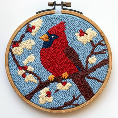 Punch Needle Kit Red Cardinal & Cherry Design
