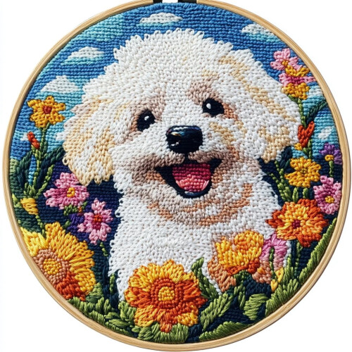 Punch Needle Kit Bichon Frisé Hund Blumendesign