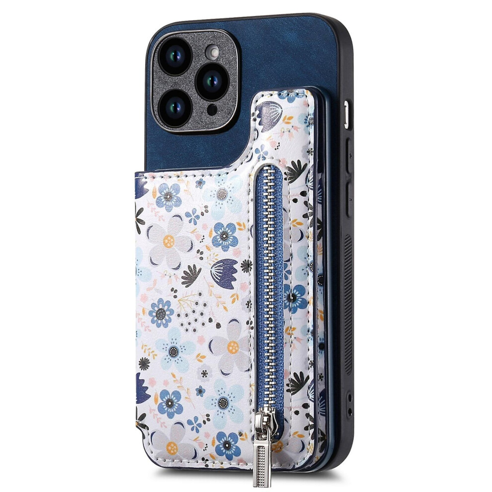 Compatible Iphone 15 Retro Painted Zipper Wallet Back Phone Case: Blue 4162318379660