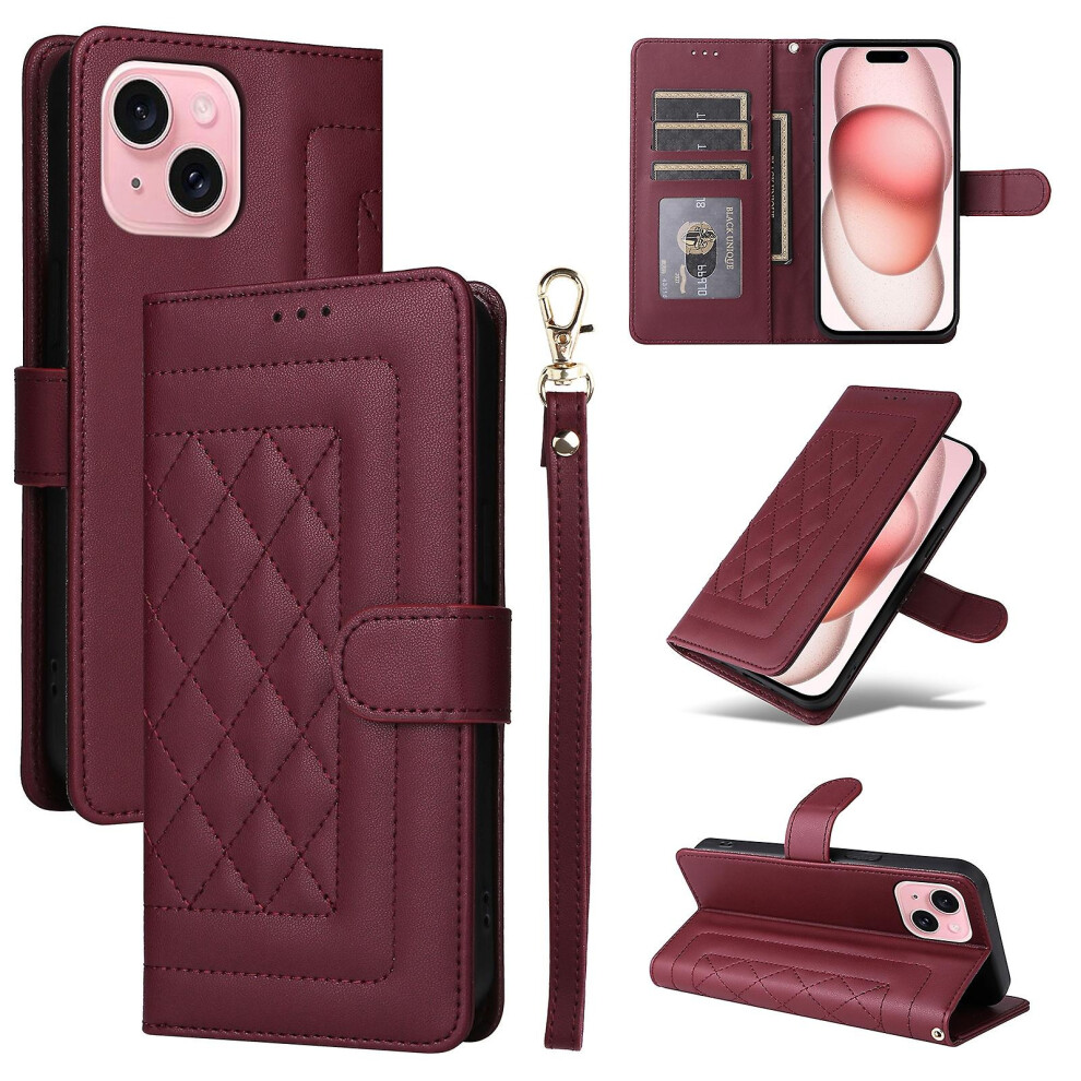Compatible Iphone 15 Diamond Lattice Leather Flip Phone Case:wine Red 7503424432196