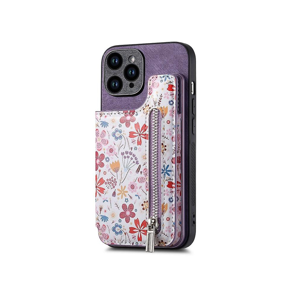 Compatible Iphone 15 Retro Painted Zipper Wallet Back Phone Case: Purple 3472323312172