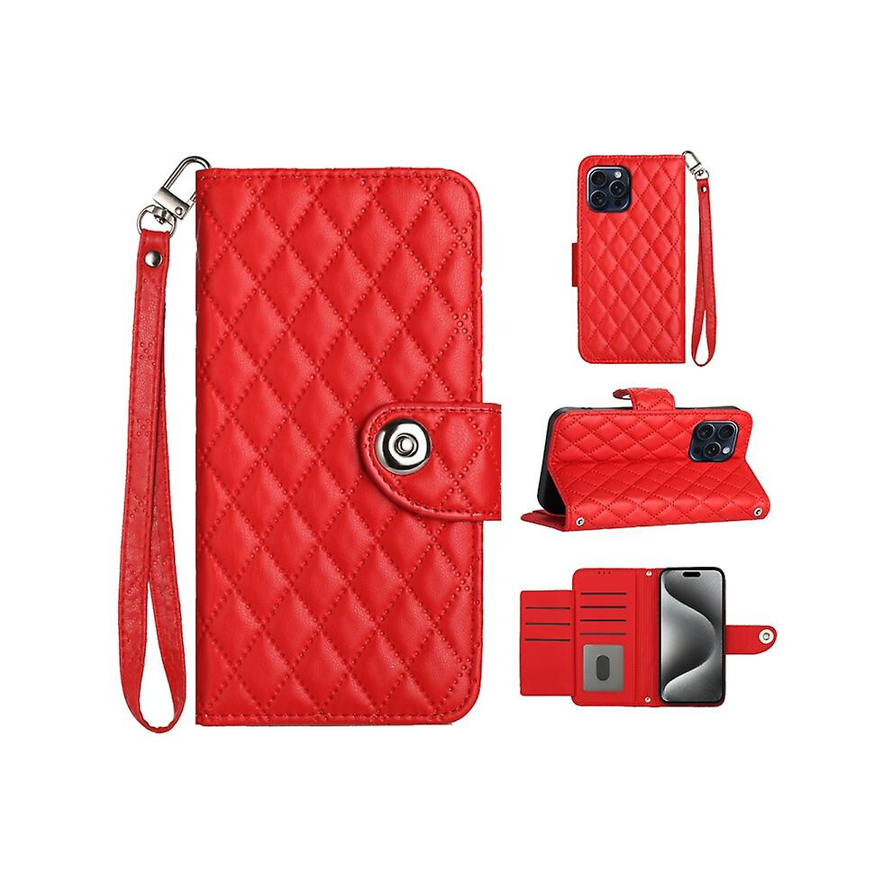Compatible Iphone 14 Pro Max Rhombic Texture Flip Leather Phone Case With Lanyard: Red 7779546289356
