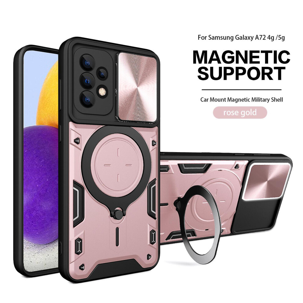 Magnetic Phone Case Compatible Samsung A72 4G 5G, Slide Camera Lens Protection And Built In 360 Rotatable Ring Holder:rose Gold 4335646373031