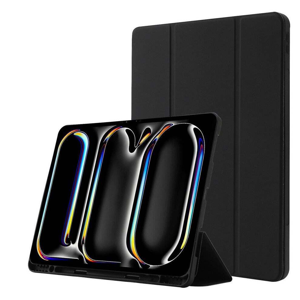 Compatible Ipad Air 13 2024 Skin Feel Tri-Fold Leather Tablet: Black 3785934258532